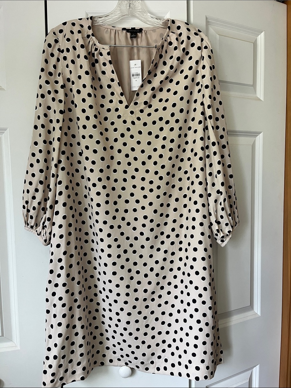 Ann Taylor Beige Blouse with Black Polka Dots